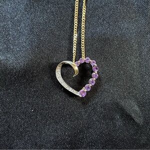 10k Gold Amethyst & Diamond Heart Necklace & Chain